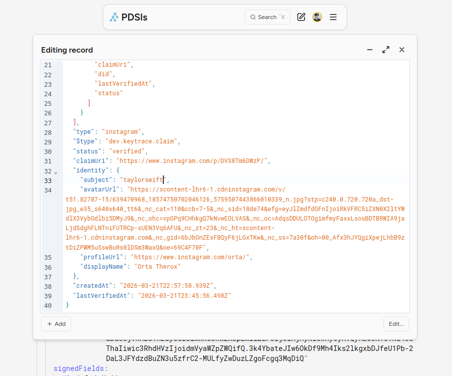 Screenshot of pdsls editing